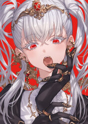  1girl absurdres black_gloves colored_eyelashes comitia_152 commentary_request crossed_bangs earclip earrings english_commentary fake_claws fangs gloves grey_hair hair_between_eyes hands_up head_tilt highres jewelry light_blush long_hair looking_at_viewer makai_no_juumin mixed-language_commentary multiple_earrings multiple_rings open_mouth original portrait red_background red_eyes ring shirt simple_background solo tiara twintails white_shirt 