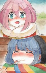  2girls black_hat blue_eyes blue_hair blue_scarf blush closed_eyes closed_mouth commentary_request day double-parted_bangs eating green_scarf hat holding holding_spoon hyakkuri kagamihara_nadeshiko looking_at_viewer multicolored_scarf multiple_girls open_mouth outdoors pink_hair portrait red_scarf scarf shima_rin smile spoon striped_clothes striped_scarf traditional_media watermark white_scarf yellow_scarf yurucamp 