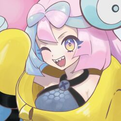  1girl blue_hair bow-shaped_hair breasts character_hair_ornament commentary_request criss-cross_halter fake_hair_bun hair_ornament halter_shirt halterneck hexagon_print highres iono_(pokemon) jacket kaomozi_2_38 long_hair long_sleeves medium_breasts multicolored_hair one_eye_closed open_mouth oversized_clothes pink_hair pokemon pokemon_scarlet_and_violet sharp_teeth sleeves_past_fingers sleeves_past_wrists smile solo split-color_hair teeth upper_body yellow_jacket 