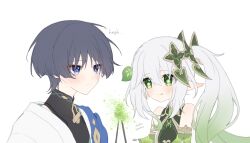  1boy 1girl :p aichiroo armlet bare_shoulders black_bodysuit black_hair blue_cape blunt_ends blush bodysuit cape closed_mouth colored_tips covered_collarbone cross-shaped_pupils detached_sleeves dress english_text eyelashes eyeliner fireworks gem genshin_impact gold_armlet gradient_hair green_eyes green_gem green_hair green_pupils green_sleeves grey_pupils hair_ornament heart heart_hair_ornament highres holding holding_fireworks japanese_clothes jewelry kimono leaf leaf_hair_ornament long_hair looking_at_another looking_at_object makeup mandarin_collar multicolored_hair nahida_(genshin_impact) pointy_ears red_eyeliner scaramouche_(genshin_impact) shoulder_peek side_cape side_ponytail sidelocks sparkler symbol-shaped_pupils tongue tongue_out tsurime violet_eyes wanderer_(genshin_impact) white_background white_dress white_hair white_kimono wispy_bangs 