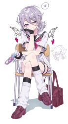  1girl absurdres bag black_gloves black_socks castellayaki closed_mouth crossed_legs fingerless_gloves full_body gloves grey_hair hair_between_eyes hair_ornament hands_on_own_cheeks hands_on_own_face heart highres holding holding_toy_gun hololive hololive_english jewel_under_eye kneehighs koseki_bijou koseki_bijou_(serafuku) loafers long_hair_between_eyes looking_at_viewer sailor_collar school_bag school_uniform serafuku shirt shoes simple_background skirt smile socks socks_over_kneehighs solo spoken_heart toy_gun violet_eyes virtual_youtuber white_background white_sailor_collar white_serafuku white_shirt white_skirt white_socks 