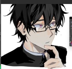  1boy ace_attorney art_program_in_frame black-framed_eyewear black_hair black_jacket character_request check_copyright clenched_teeth commentary_request copyright_request cropped_torso expressionless gakuran glasses hair_between_eyes hand_on_own_chin jacket korean_commentary looking_ahead male_focus messy_hair parted_lips pink_eyes pointy_nose procreate_(medium) procreate_(software) saman_zero7 school_uniform sharp_teeth short_hair simple_background solo teeth undershirt white_background 
