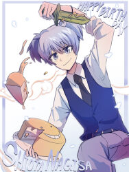 1boy ansatsu_kyoushitsu belt birthday_cake black_belt black_necktie blue_eyes blue_hair blue_vest blush cake character-themed_food character_name closed_mouth collared_shirt commentary_request food grey_pants happy_birthday highres holding holding_knife holding_plate knife korean_commentary koro-sensei kunugigaoka_middle_school_uniform m_uramatsu_takuya mixed-language_commentary necktie pants plate school_uniform shiota_nagisa shirt smile solo vest white_shirt 