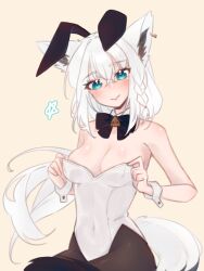  1girl absurdres animal_ears bare_shoulders black_pantyhose braid breasts covered_navel fake_animal_ears fox_ears fox_girl fox_tail highleg highleg_leotard highres hololive hoshiiii_art leotard long_hair medium_breasts pantyhose playboy_bunny rabbit_ears shirakami_fubuki side_braid simple_background single_braid solo strapless strapless_leotard tail very_long_hair white_hair white_leotard wrist_cuffs yellow_background 