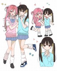  2girls black_eyes black_hair black_shoes blue_skirt blue_sweater_vest brown_hair cellphone colored_inner_hair commentary highres inkya_gyaru_demo_ikigaritai! kuran_arisa leg_warmers long_hair maple_(abc2215) multicolored_hair multiple_girls ogino_ichiko one_eye_closed phone pink_eyes pink_hair pink_sweater_vest plaid_clothes plaid_skirt pleated_skirt red_eyes school_uniform selfie shoes skirt smartphone sweater_vest twintails untranslatable_commentary v v_over_mouth white_leg_warmers white_shoes 