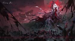  1girl absurdres arknights arms_up bare_shoulders bat_(animal) breasts chinese_commentary commentary_request commission dress fire gauntlets hair_between_eyes highres holding holding_sword holding_weapon long_hair looking_at_viewer medium_breasts moon outdoors pile_of_skulls qingjiao_bu_hua_hua red_dress red_eyes ship skadi_(arknights) skadi_the_corrupting_heart_(arknights) sky smoke solo sword undead very_long_hair watercraft weapon white_hair wide_shot 