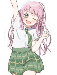 1girl arm_up bang_dream! bang_dream!_it's_mygo!!!!! blush chihaya_anon commentary diagonal-striped_clothes diagonal-striped_necktie fang green_necktie green_skirt grey_eyes highres long_hair necktie pink_hair plaid_clothes plaid_skirt pleated_skirt shirt short_sleeves simple_background skirt skull573 solo striped_clothes striped_necktie teeth upper_teeth_only white_background white_shirt 