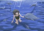  bubble bubbles cleavage dolphin dolphins freediving one-piece one-piece_swimsuit original purple_eyes short_hair sutein swimsuit underwater violet_eyes water 