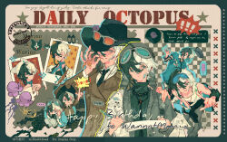  ... 2boys :3 :d ;) ? ?? absurdres ahoge alcohol animal_hat aqua_collar aqua_eyes aqua_sweater aviator_cap aviator_goggles belt_collar ben-day_dots bent_over black_hair black_hat black_jacket black_necktie black_shirt blowing_bubble_gum blue_outline bolo_tie border border_collie borrowed_character bottle brothers brown_jacket cardigan cat cat_hat character_name checkered_background chewing_gum chibi chibi_inset closed_mouth clothes_around_waist collar collared_shirt commission covering_own_ears cowboy_hat crescent crescent_pin dog expressionless eyewear_on_headwear facial_mark facial_tattoo feet_out_of_frame finger_gun flame_tattoo goggles goggles_on_head green_border grey_background grey_cardigan grey_hat grey_pants grin hair_between_eyes hand_on_another's_shoulder happy_birthday hat highres holding holding_paper holding_pen holding_plate index_finger_raised jacket jin_gu_chuan long_sleeves looking_at_viewer loose_necktie male_focus mihuashi_commission mouth_hold multicolored_hair multiple_boys multiple_views necktie octopus octopus_hair_ornament ok_sign one_eye_closed open_cardigan open_clothes open_jacket outline pants paper parted_lips pen photo_(object) plate pointing pointing_at_viewer rujing_yingxuan screentones shirt shirt_under_sweater shoes short-sleeved_sweater short_hair short_sleeves siblings single_off_shoulder single_sidelock sitting smile sound_effects split-color_hair spoken_ellipsis stalk_in_mouth standing striped_clothes striped_shirt sun_symbol sunglasses sweater tank_top tattoo turtleneck turtleneck_shirt tuxedo_cat twins two-tone_hair unworn_hat unworn_headwear upper_body watermark white_background white_hair white_hat white_jacket white_shirt white_shoes white_tank_top x_(symbol) x_facial_mark yao_mujing yao_muxuan 