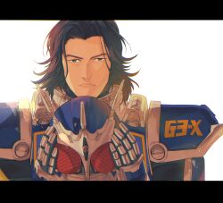  1boy absurdres animification black_hair closed_mouth commentary_request curtained_hair haimusan hands_up helmet highres hikawa_makoto holding holding_unworn_helmet kamen_rider kamen_rider_agito_(series) kamen_rider_g3-x letterboxed looking_at_viewer male_focus short_hair simple_background solo tokusatsu unworn_headwear unworn_helmet upper_body white_background 