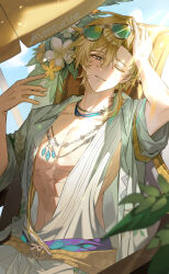  1boy abs aqua-tinted_eyewear aqua_shirt aventurine_(honkai:_star_rail) aventurine_(waveflair)_(honkai:_star_rail) bandana_around_arm blonde_hair braid commentary_request du_nyak eyewear_on_head hair_between_eyes hawaiian_shirt highres honkai:_star_rail honkai_(series) jewelry korean_commentary male_focus male_swimwear neck_tattoo official_alternate_costume one_eye_closed open_clothes open_shirt shirt short_hair smile solo sunglasses sunlight tattoo tinted_eyewear twitter_username upper_body white_male_swimwear 