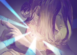  1girl absurdres chainsaw_man choker commentary_request green_eyes grenade_pin hair_between_eyes hair_bun hand_up highres imminent_explosion partially_colored ponytail portrait purple_hair reze_(chainsaw_man) w_lol_r 