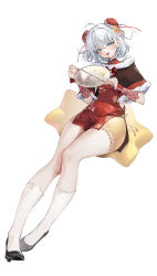  1girl absurdres ahoge black_shoes blue_eyes blush brown_capelet capelet chinese_clothes commentary covered_navel dress fingernails full_body fur-trimmed_capelet fur_trim hair_between_eyes hand_fan highres holding holding_fan legs long_fingernails looking_at_viewer nail_polish open_mouth pugongying qipao qq_dance red_dress red_nails shoes short_hair simple_background socks solo star-shaped_pillow thighs tuanshan untranslatable_commentary white_background white_hair white_socks xingtong 