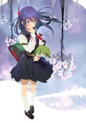  1girl absurdres backpack bag belt belt_buckle black_sailor_collar black_skirt black_vest blue_eyes bow breasts buckle commentary floating_hair flower from_above full_body hair_bow half_updo hand_to_own_mouth highres holding holding_stuffed_toy kneehighs koyoi_mitsuki long_hair neckerchief original pleated_skirt purple_hair randoseru red_neckerchief sailor_collar shirt skirt small_breasts socks solo stuffed_animal stuffed_crocodile stuffed_toy vest white_flower white_shirt white_socks 