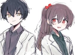  1boy 1girl ayin_(project_moon) bear_hair_ornament brown_hair carmen_(project_moon) coat collared_shirt commentary_request green_shirt hair_ornament high_ponytail korean_commentary lab_coat lapels lobotomy_corporation notched_lapels open_mouth ponytail project_moon red_eyes shirt sketch smile ssdg5420 white_coat 