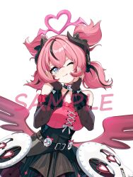  1girl aria_(human)_(discordant_note)_(zenless_zone_zero) aria_(human)_(zenless_zone_zero) aria_(zenless_zone_zero) bare_shoulders black_bridal_gauntlets black_choker black_dress black_hair black_streaks blue_eyes bridal_gauntlets choker closed_mouth commentary crossed_bangs dress hair_between_eyes hands_on_own_cheeks hands_on_own_face hands_up highres looking_at_viewer multicolored_hair official_alternate_costume one_eye_closed pink_hair quad_tails sample_watermark simple_background skull_ornament solo streaked_hair tongue tongue_out untranslatable_commentary upper_body watermark white_background wings yoshitoki_(kisshin) zenless_zone_zero 