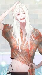  1girl :d blood_time character_request colored_eyelashes commentary_request fangs hand_in_own_hair highres korean_commentary leaf_print lower_eyelashes_only midriff murrang_f navel official_art open_mouth orange_shirt pale_skin pulling_own_clothes red_eyes shirt smile solo vampire white_eyelashes 
