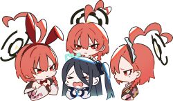  >_< 4girls :| ahoge animal_ear_hairband animal_ears aqua_halo aris_(blue_archive) black_hair black_halo blue_archive blue_necktie bow bowtie chibi chibi_only closed_mouth commentary cropped_torso crossed_arms detached_collar fake_animal_ears floral_print floral_print_jacket frown furrowed_brow hair_between_eyes hairband halo highres huge_ahoge jacket long_hair looking_at_another maid maid_headdress medium_hair mole mole_under_each_eye mole_under_eye multiple_girls multiple_moles multiple_persona necktie neru_(blue_archive) neru_(bunny)_(blue_archive) neru_(school_uniform)_(blue_archive) one_side_up open_clothes open_jacket open_mouth orange_hair peanut_mouth playboy_bunny print_jacket profile pyytato rabbit_ear_hairband rabbit_ears rectangular_halo red_bow red_bowtie red_eyes red_hairband school_uniform simple_background sukajan sweatdrop tsurime upper_body white_background white_jacket 