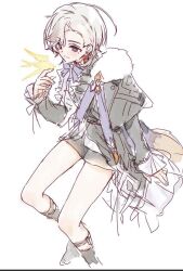  1boy aedon_(genshin_impact) bird black_cape black_jacket black_shorts blue_eyes blush bow cape closed_mouth commentary earrings frilled_sleeves frills fur-trimmed_cape fur_trim genshin_impact grey_hair hand_up illuga_(genshin_cafe_in_seoul)_(genshin_impact) illuga_(genshin_impact) jacket jewelry long_sleeves male_focus mole mole_under_eye multicolored_hair official_alternate_costume parted_bangs purple_bow purple_ribbon red_hair ribbon shirt short_hair short_shorts shorts side_cape simple_background single_earring smile solo split_mouth swept_bangs two-tone_hair untranslatable_commentary white_background white_shirt yama14427 