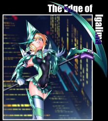  1girl absurdres akatsuki_kirika armor aviation_obstruction_lighting black_border blonde_hair blue_eyes bob_cut border building commentary_request covered_navel english_text evil_grin evil_smile eye_trail fingerless_gloves frilled_skirt frills from_below gloves green_skirt grin grruhuh hand_up headgear headpiece helmet highleg highleg_leotard highres holding holding_behind_back holding_scythe holding_weapon holding_weapon_behind_back huge_weapon leotard light_trail long_sleeves looking_at_viewer looking_down magical_girl mechanical_magical_girl multicolored_gloves multicolored_leotard multicolored_thighhighs night open_hand outside_border parted_lips pauldrons scythe senki_zesshou_symphogear short_hair shoulder_armor skirt skyscraper smile solo symphogear_pendant thigh-highs triangular_headpiece two-tone_gloves two-tone_leotard two-tone_thighhighs upper_body urban weapon white_border white_gloves 