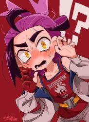  !? 1boy arms_up belt blue_jacket buckle cowboy_shot dutch_angle gloves hair_up highres jacket kieran_(pokemon) lower_teeth_only male_focus mashiro_nanashiro multicolored_hair nervous_sweating open_clothes open_jacket open_mouth orange_eyes pokemon pokemon_scarlet_and_violet ponytail print_tank_top purple_hair red_background red_gloves red_tank_top shorts signature single_glove slit_pupils snap-fit_buckle solo sweat tank_top teeth thick_eyebrows two-sided_fabric two-sided_jacket white_jacket white_shorts wide-eyed yellow_belt 