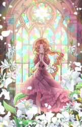  1girl aerith_gainsborough aerith_gainsborough_(red_dress) ayasal basket closed_eyes commentary dress english_commentary final_fantasy final_fantasy_vii flower highres holding holding_basket red_dress red_hair stained_glass 