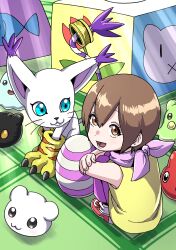  1girl absurdres bare_shoulders botamon brown_eyes brown_hair bubbmon cat child commentary_request digimon digimon_(creature) digimon_adventure digitama egg eikenkobayashi group_picture highres pants pink_pants pink_scarf poyomon punimon scarf shirt tail tail_ornament tail_ring tailmon yagami_hikari yellow_shirt yukimibotamon 