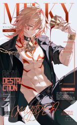  1boy absurdres black_jacket black_pants blonde_hair bracelet chain chest_tattoo collar commentary cup dogae earrings gold_bracelet gold_chain gold_cup gold_earrings highres jacket jewelry juice male_focus mydei_(honkai:_star_rail) pants red_tattoo tattoo yellow_eyes 