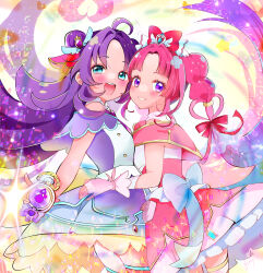  2girls :d absurdres ahoge akechi_anna blush bow braid capelet commentary_request cowboy_shot cure_answer cure_mystique dress finger_to_mouth from_side green_eyes grin hair_bow hair_intakes hair_ornament hair_ribbon heart heart_hair_ornament highres kobayashi_mikuru long_hair meitantei_precure! multiple_girls pink_capelet pink_dress precure purple_capelet purple_dress purple_hair red_bow red_ribbon ribbon smile thigh-highs twin_braids very_long_hair violet_eyes yuitan_(stlyuitan) 
