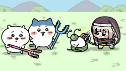 1girl :3 afei_(sfma3248) animal_ears antennae black_coif black_dress blonde_hair blunt_bangs blush blush_stickers bow bowtie cat_ears cat_tail chibi chibi_only chiikawa chiikawa_(character) commentary crosier crossover dress english_commentary full_body hachiware_(chiikawa) highres holding holding_polearm holding_staff holding_weapon long_hair long_sleeves meadow meme mountainous_horizon nun nun_headdress pleading_eyes polearm sasumata sky speaki_(trickcal) speakiposting_(meme) staff tail tree trickcal weapon yellow_bow yellow_bowtie 