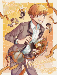  1girl 4boys ansatsu_kyoushitsu balloon birthday_cake black_hair bowl cake character_name closed_mouth collared_shirt commentary_request food gift grey_pants grey_skirt grin happy_birthday hazama_kirara headband highres holding holding_balloon holding_bowl holding_gift holding_ladle holding_party_popper horibe_itona kamaboko korean_commentary kunugigaoka_middle_school_uniform ladle m_uramatsu_takuya menma mixed-language_commentary multiple_boys muramatsu_takuya narutomaki noodles nori_(seaweed) open_mouth pants party_popper ramen school_uniform shirt skirt smile solo_focus terasaka_ryouma white_hair white_shirt yoshida_taisei 