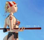  1girl ass bandana belt belt_pouch bikini bikini_top billy_kane blonde_hair blue_eyes breasts character_name collarbone elbow_pads fatal_fury flag_print genderswap genderswap_(mtf) king_of_fighters lilly_kane medium_breasts nekkeau no_smoking pouch print_bikini short_hair sideboob snk solo staff swimsuit tattoo thong_bikini union_jack union_jack_bikini union_jack_bikini_top 