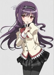  1girl arm_behind_back asukaru_(magika_ru) black_hair black_hairband black_pantyhose black_skirt bow bowtie buttons cardigan closed_mouth cowboy_shot dated finger_to_mouth hairband highres juliet_sleeves long_hair long_sleeves looking_at_viewer mahou_shoujo_madoka_magica mahou_shoujo_madoka_magica:_walpurgis_no_kaiten mitakihara_school_uniform pantyhose plaid_clothes plaid_skirt puffy_sleeves red_bow red_bowtie red_eyes school_uniform signature simple_background skirt smile solo sweater wasu_(madoka_magica) white_background yellow_cardigan yellow_sweater 