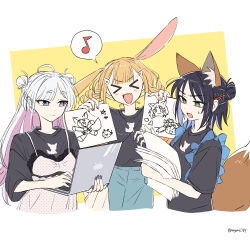 >_< 3girls :d ahoge animal_ear_fluff animal_ears animal_print black_hair black_shirt blue_eyes blue_nails blue_skirt bob_cut borrowed_design braid bright_pupils cameo camisole camisole_over_clothes casual center-flap_bangs cho_kaguya-hime! colored_inner_hair colored_pencil commentary_request computer crew_neck cropped_torso denim denim_skirt dot_nose double_bun drawing_(object) eighth_note empire_waist extra_ears eyeliner fang fingernails fox_ears fox_girl frilled_camisole frilled_sleeves frills frown fushi_(cho_kaguya-hime!) hair_bun hair_ornament hairclip half_up_bun happy highres holding holding_laptop holding_paper inudoge kaguya_(cho_kaguya-hime!) kaguya_(tsukuyomi)_(cho_kaguya-hime!) laptop light_blush lone_nape_hair long_hair looking_at_another looking_to_the_side makeup marucho_(nagamemaru) multicolored_hair multiple_girls musical_note nail_polish object_behind_ear one_ear_down open_mouth orange_hair paper papers pencil pencil_behind_ear pink_hair polka_dot polka_dot_camisole print_shirt purple_nails purple_streaks rabbit_ears rabbit_girl red_eyeliner runami_yachiyo sakayori_iroha sakayori_iroha_(tsukuyomi) shirt short_eyebrows short_hair short_sleeves side_up_bun sidelocks simple_background single_side_bun skirt smile spaghetti_strap spoken_musical_note star_(symbol) streaked_hair sweatdrop t-shirt thick_eyebrows twin_braids twitter_username two-tone_background two-tone_hair typing v-shaped_eyebrows white_background white_camisole white_pupils x_hair_ornament xd yellow_background 
