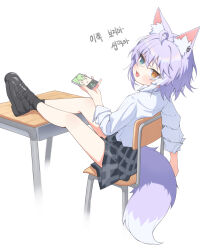  1girl absurdres ahoge animal_ear_fluff animal_ears aqua_eyes black_shoes black_skirt chair checkered_clothes checkered_skirt commentary_request fang feet_on_table fox_ears fox_girl fox_tail full_body heterochromia highres holding holding_phone korean_commentary korean_text loafers looking_at_viewer miniskirt multicolored_hair on_chair open_mouth phone purple_hair purple_tail school_uniform shirt shoes short_hair simple_background sitting skirt solo stellive streaked_hair tail tenko_shibuki three-quarter_sleeves translation_request two-tone_tail ugaaaa1 virtual_youtuber white_background white_shirt white_streaks white_tail yellow_eyes 