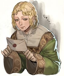  1girl blonde_hair braid braided_hair_rings closed_mouth cropped_torso dress elden_ring green_dress green_eyes hair_rings half-closed_eyes high_collar highres hunched_over letter mole mole_under_mouth ornate_clothes rya_(elden_ring) sleeves_past_wrists slouching smile snake_girl solo tentaro_(miyuuuuu-u) wax_seal 