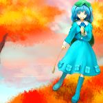  autumn backpack bad_id bag blue_eyes blue_hair boots cattail chirigami-san grin hair_bobbles hair_ornament hat kawashiro_nitori plant rubber_boots smile solo touhou twintails water 