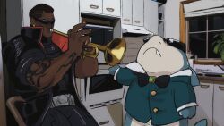  2boys artist_name blade_(marvel) closed_mouth dark-skinned_male dark_skin english_commentary fang fang_out fins fish_tail highres holding holding_instrument holding_trumpet instrument jeff_the_land_shark kitchen marvel marvel_rivals meme multiple_boys oven shark shark_fin shark_tail sink smerfols standing sunglasses tail trumpet twitter_username when_mama_isn't_home_(meme) 