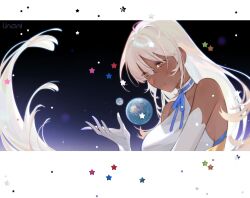  1girl alternate_hairstyle artist_name blonde_hair blue_ribbon breasts brown_eyes closed_mouth commentary dark-skinned_female dark_skin earth_(planet) elbow_gloves english_commentary gloves hair_between_eyes halter_shirt halterneck highres hololive hololive_english letterboxed linamik long_hair looking_at_object moon no_hair_ornament planet ribbon sleeveless solo space star_(symbol) tsukumo_sana very_long_hair virtual_youtuber white_gloves 