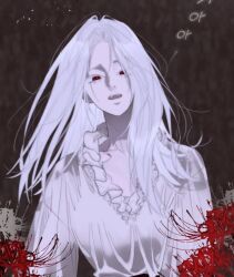  1girl blood_time character_request colored_eyelashes colored_skin commentary_request fangs flower highres korean_commentary long_hair looking_at_viewer murrang_f official_art open_mouth red_eyes red_flower solo spider_lily upper_body vampire white_eyelashes white_hair white_skin 