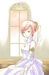  bun dress elbow_gloves final_fantasy final_fantasy_v gloves green_eyes hair_bun lenna_charlotte_tycoon pink_hair princess sad short_hair solo wedding_dress white_dress 