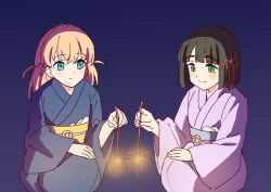 2girls aqua_eyes black_hair blue_background blue_kimono blue_sash blunt_bangs blunt_ends blush bob_cut cerise_bouquet closed_mouth color_banding commentary fireworks gradient_background green_eyes hair_ornament highres hinoshita_kaho holding holding_fireworks japanese_clothes kimono love_live! love_live!_hasu_no_sora_jogakuin_school_idol_club medium_hair momose_ginko multiple_girls nogreen obi obiage obijime orange_hair purple_kimono rabbit_hair_ornament sash senkou_hanabi short_hair simple_background smile sparkler squatting two_side_up untranslatable_commentary virtual_youtuber yellow_sash yukata 
