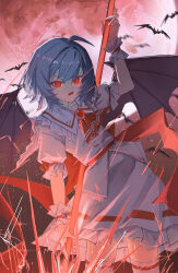  1girl absurdres ascot back_bow bat_(animal) bat_wings blue_hair bow brooch chinese_commentary collared_shirt commentary_request eye_trail frilled_shirt_collar frilled_skirt frilled_wrist_cuffs frills full_moon highres holding holding_polearm holding_weapon jewelry jja_na light_trail looking_at_viewer medium_hair missing_headwear moon night open_mouth polearm red_ascot red_bow red_eyes red_moon red_wrist_cuffs remilia_scarlet shirt skirt skirt_set solo spear spear_the_gungnir thigh-highs touhou weapon white_shirt white_skirt white_thighhighs wings wrist_cuffs 