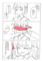  2girls :d :o ^_^ blindfold blunt_bangs blunt_ends bob_cut cerise_bouquet closed_eyes colored_blindfold commentary_request crossed_bangs flower flower_knot greyscale hair_flower hair_ornament hasu_no_sora_school_uniform highres hinoshita_kaho love_live! love_live!_hasu_no_sora_jogakuin_school_idol_club medium_hair momose_ginko monochrome multiple_girls nogreen open_mouth rabbit_hair_ornament raised_inner_eyebrows sailor_collar school_uniform short_hair smile speech_bubble spot_color sweatdrop teeth translation_request two_side_up upper_teeth_only virtual_youtuber 