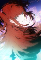  1girl absurdres black_eyes black_jacket bow city city_lights hair_bobbles hair_ornament highres jacket long_hair looking_at_viewer mzzzzzang neon_lights purple_bow red_hair skyline solo twintails umineko_no_naku_koro_ni ushiromiya_ange wind 