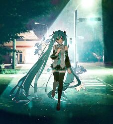  1girl bare_shoulders black_boots black_skirt black_sleeves boots collared_shirt commentary_request crosswalk detached_sleeves double-parted_bangs full_body green_eyes green_hair green_necktie grey_shirt hair_between_eyes hand_on_own_chest hatsune_miku highres long_hair long_sleeves looking_at_viewer miniskirt necktie night outdoors parted_lips photo_background pleated_skirt shirt skirt sleeveless sleeveless_shirt solo spotlight standing thigh_boots tie_clip twintails very_long_hair vocaloid wide_sleeves zero_(jckz2334) zettai_ryouiki 