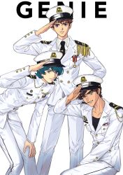  3boys alternate_costume amuro_ray bent_over black_shirt blue_eyes blue_hair brown_hair chanmine commentary_request epaulettes green_eyes gundam gundam_zz hand_on_own_hip hat highres judau_ashta kamille_bidan military_hat military_uniform multiple_boys salute shirt 