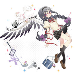 1girl absurdres akemi_homura akuma_homura bag black_hair black_skirt black_wings blue_bag bow bowtie braid brown_shoes chinese_commentary commentary_request feathered_wings floating_hair full_body glasses golf_club grief_seed gun highres hourglass if_happiness_is_a_circle_(meme) juliet_sleeves kyubey letter loafers long_hair long_sleeves mahou_shoujo_madoka_magica mahou_shoujo_madoka_magica:_hangyaku_no_monogatari meme miniskirt mitakihara_school_uniform plaid_clothes plaid_skirt pleated_skirt puffy_sleeves purple_eyes purple_ribbon red-framed_eyewear red_bow red_bowtie red_ribbon ribbon school_bag school_uniform shoes skirt solo soul_gem_(madoka_magica) sparkle sweater twin_braids weapon wings ye_lou yellow_sweater