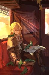  1girl absurdres alligator blonde_hair blue_eyes cape coat crocodilian crocodilian_tail crossed_legs curtains door hair_ornament hat highres hololive hololive_english looking_at_another necktie newspaper one_eye_closed open_mouth parqufear pocket_watch poster_(object) red_necktie shirt short_hair sitting skirt smile star_(symbol) tail train virtual_youtuber watch watson_amelia watson_amelia_(1st_costume) white_shirt window 