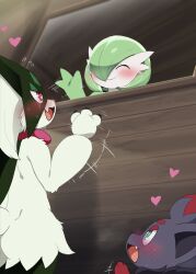  1boy 2girls ^_^ black_fur blush body_fur closed_eyes closed_mouth commentary dagasi fang furry furry_female furry_male green_fur heart highres looking_at_another meowscarada motion_lines multiple_girls open_mouth pokemon pokemon_(creature) salute 